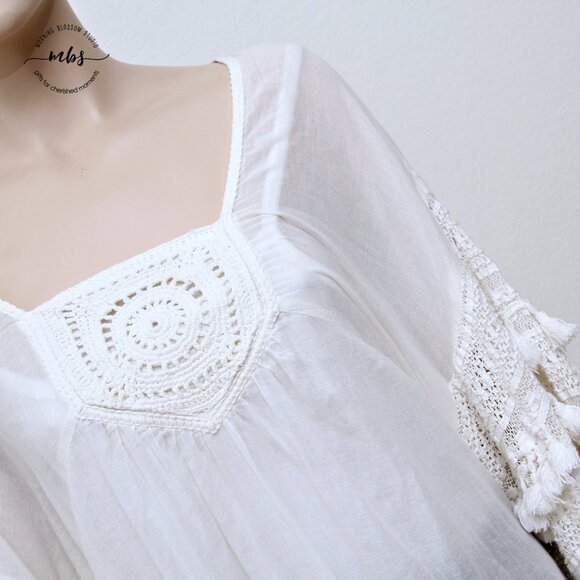 Lara Ethnics Boho Crochet Short Fringe Square Neck Blouse - Picture 7 of 11